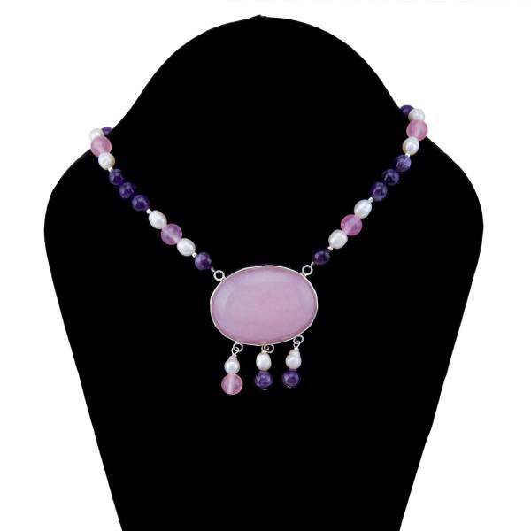 گردنبند نقره مروارید آمیتیست و رز کوارتز سنگ و زر مدل sz111627