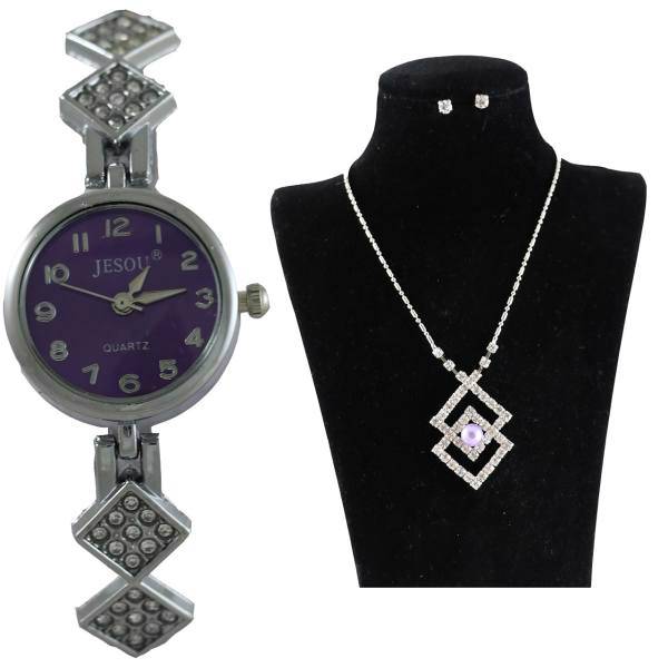 نیم ست جیسو مدل SW16 به همراه ساعت مچی، Jesou SW16 Rhinestones And Watch