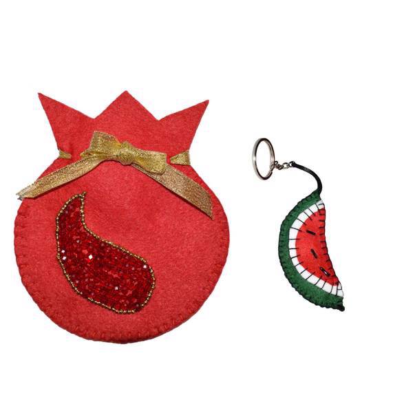 جاسوییچی پوپک مدل هندوانه به همراه کیسه کادویی مدل انار، Poupak Watermelon Keyholder With Pomegranate Gift Bag