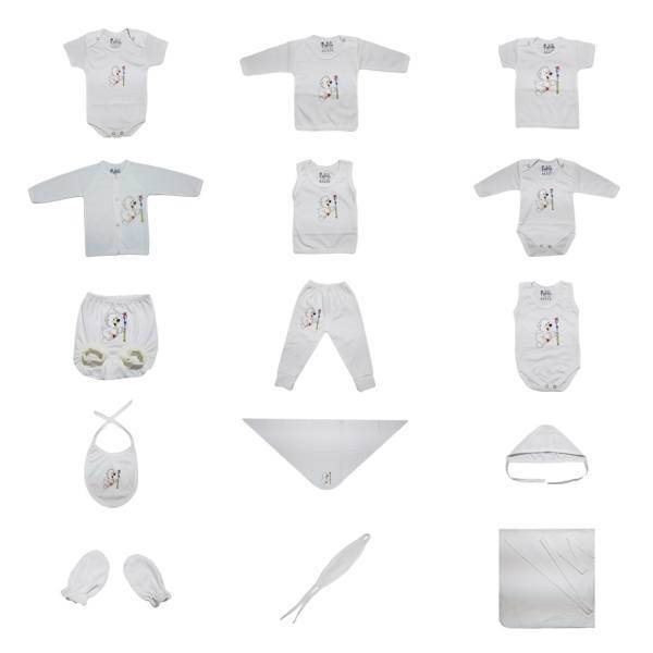ست کامل پانزده تکه لباس نوزادی برند پرنسس مدل WHITE، BABY DRESS COLLECTION 15 PICES PRINCESS BRAND WHITE