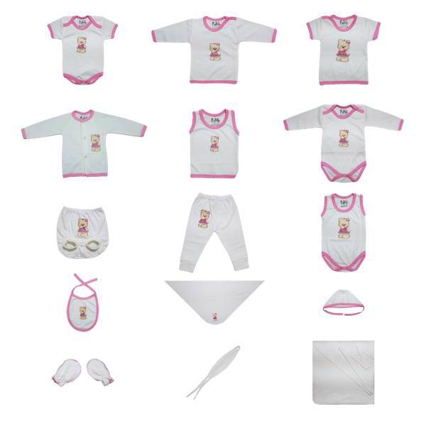 ست کامل پانزده تکه لباس نوزادی برند پرنسس مدل PINK، BABY DRESS COLLECTION 15 PRINCESS BRAND PINK