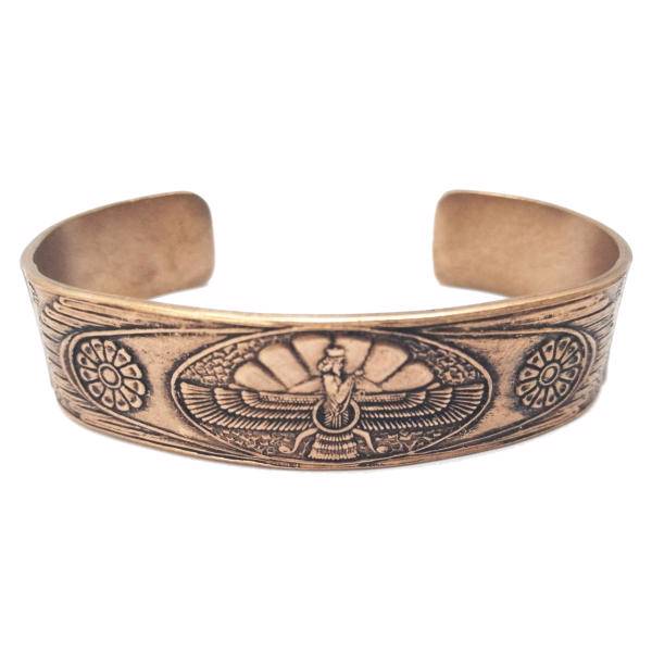 دستبند مسی طرح فروهر پهن با لوتوس، jamhonar-behest